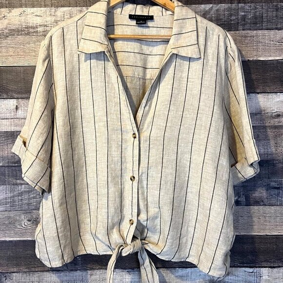 Sanctuary Ocean Button Down Shirt 1X Linen Blend Neutral Coastal Grandma Stripes - Picture 2 of 8